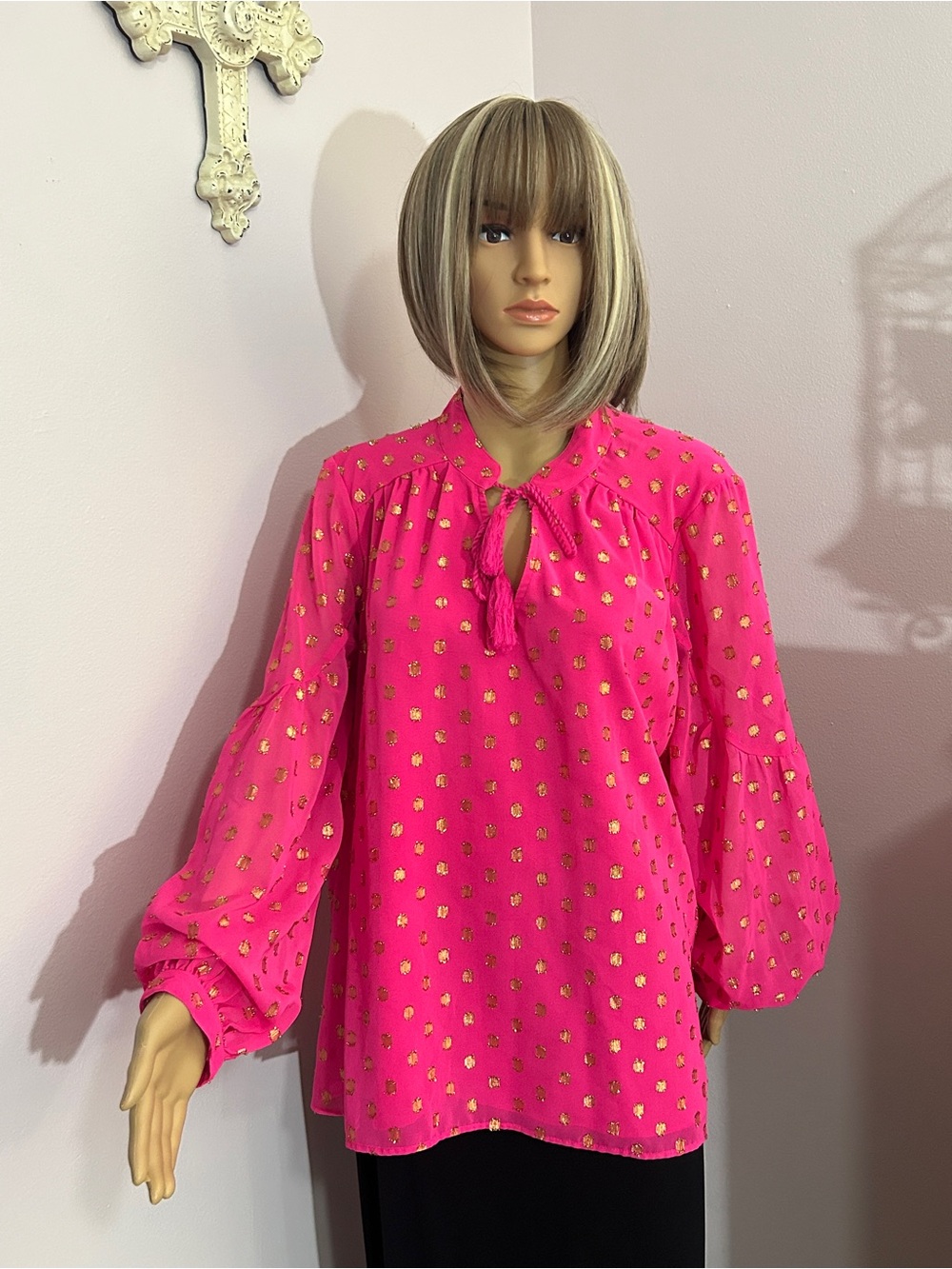 Crown & Ivy Vibrant Pink Blouse with Gold Accents